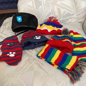 Build-A-Bear Rainbow & Red/Blue Knit Hats and Scarf Set